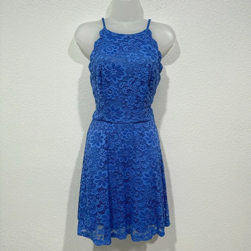 NWT BCX blue lace halter cami a line fit & flare skater dress